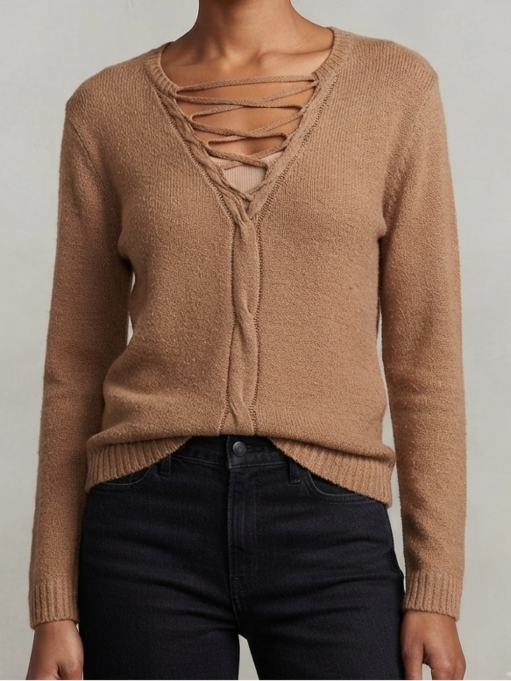 entro Lace-Up V-Neck Sweater in Camel